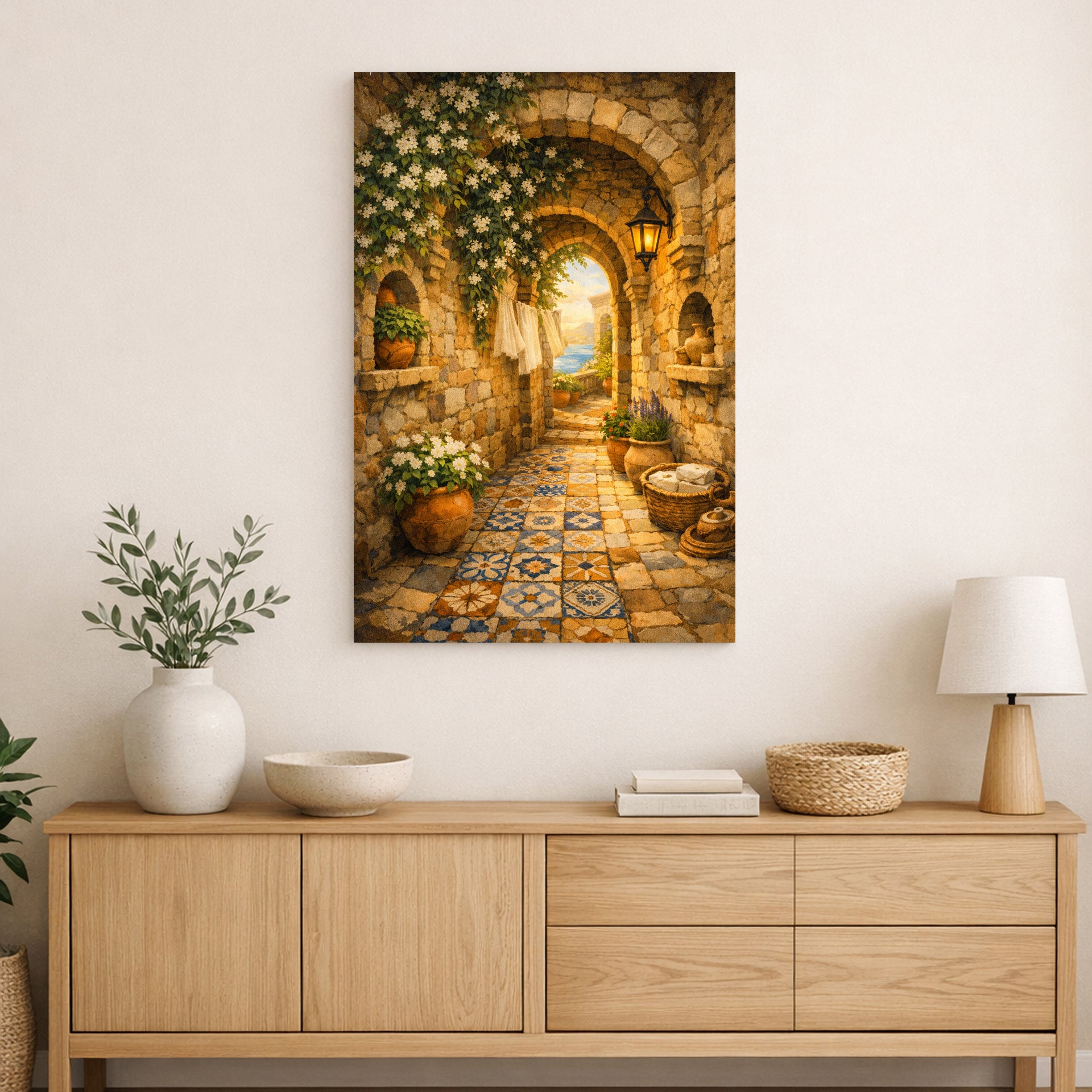 Mediterranean stone archway artwork hanging above a wooden sideboard, showing a sunlit village path with flowering vines, terracotta pots, and patterned tiles, styled in a warm neutral interior with a lamp, books, vase, and basket.