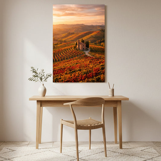 Mediterranean vineyard sunset canvas wall art featuring autumn vines, rolling hills, a stone chapel and a warm golden sky — Portugal Canvas