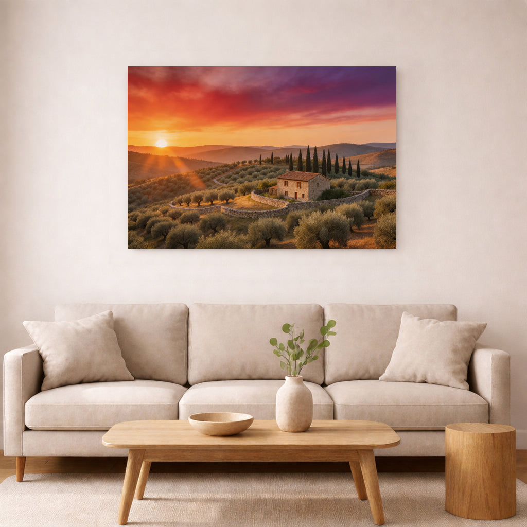 Lienzo de Paisaje Rústico del Atardecer en la Campiña Toscana | Impresión de Arte de Pared de Granja Rústica