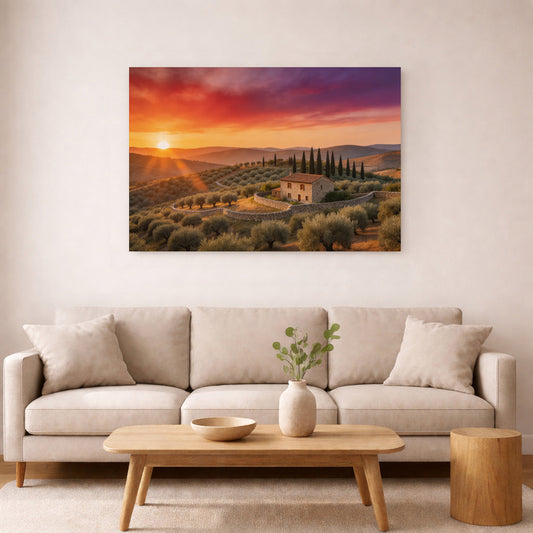 Tuscan Countryside Sunset Landscape Canvas | Rustic Farmhouse Wall Art Print
