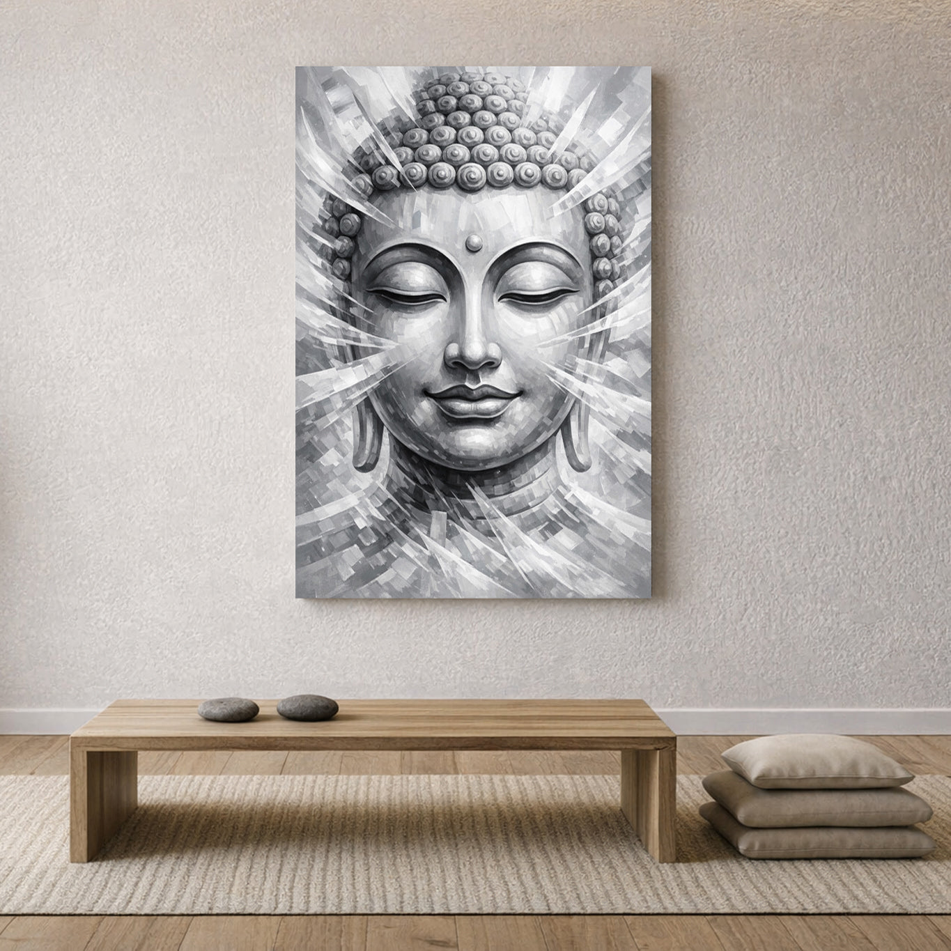 Monochrome Buddha face wall art with closed eyes and geometric light patterns, mounted above a minimalist wooden bench in a serene interior.