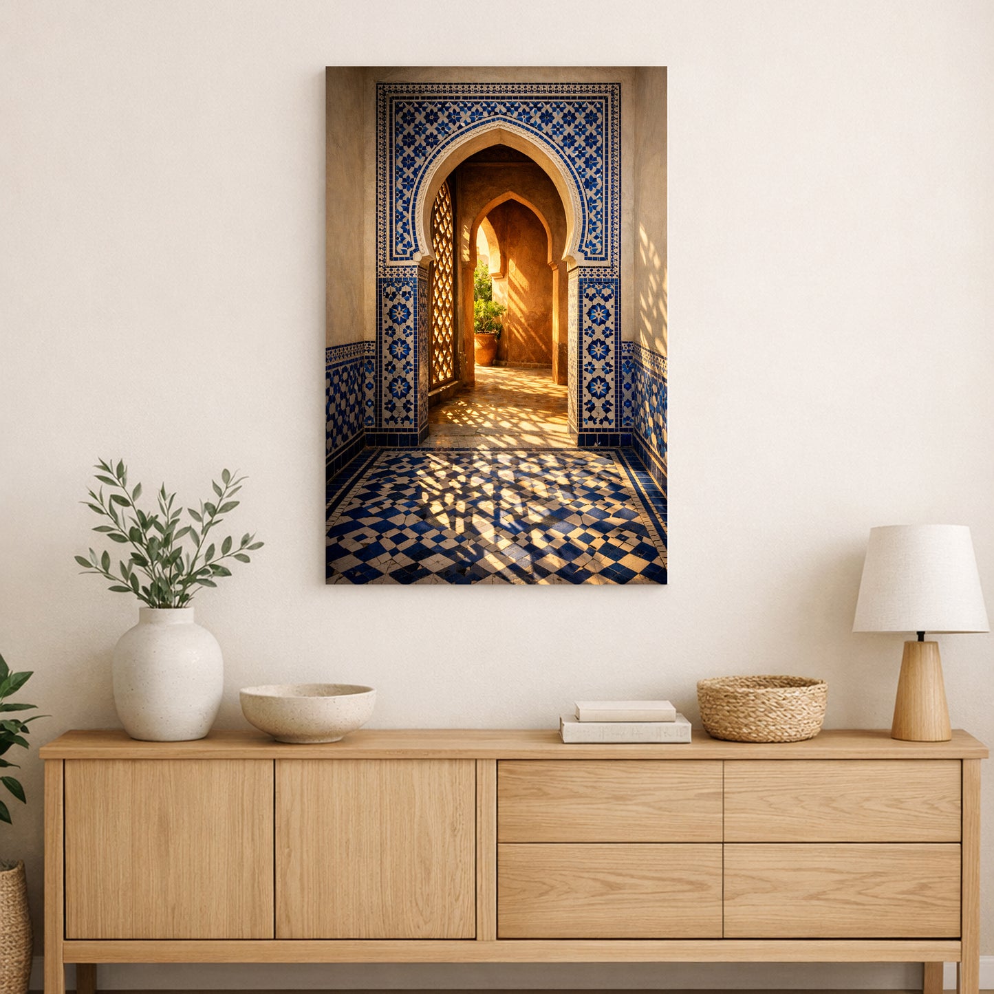 Decorative wall art of a Moroccan archway above a wooden console table with decorative items.