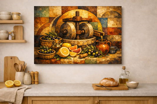 Olive Oil Press Still Life Canvas | Rustic Mediterranean Kitchen Wall Art Decor.
