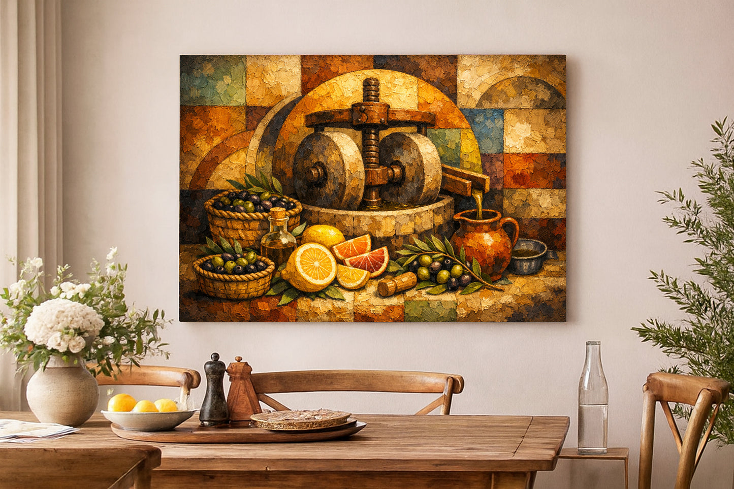 Olive Oil Press Still Life Canvas | Rustic Mediterranean Kitchen Wall Art Decor.