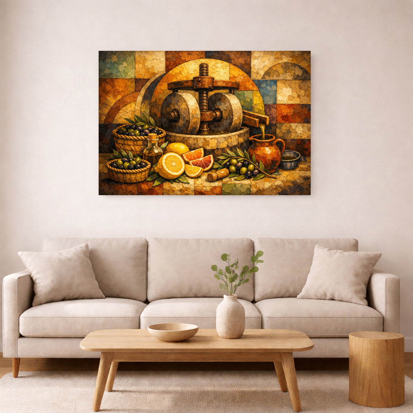 Olive Oil Press Still Life Canvas | Rustic Mediterranean Kitchen Wall Art Decor.