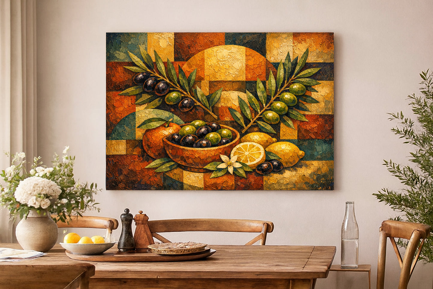 Mediterranean Harvest Olives & Citrus Still Life Canvas Rustic Kitchen Framed Wall Art.