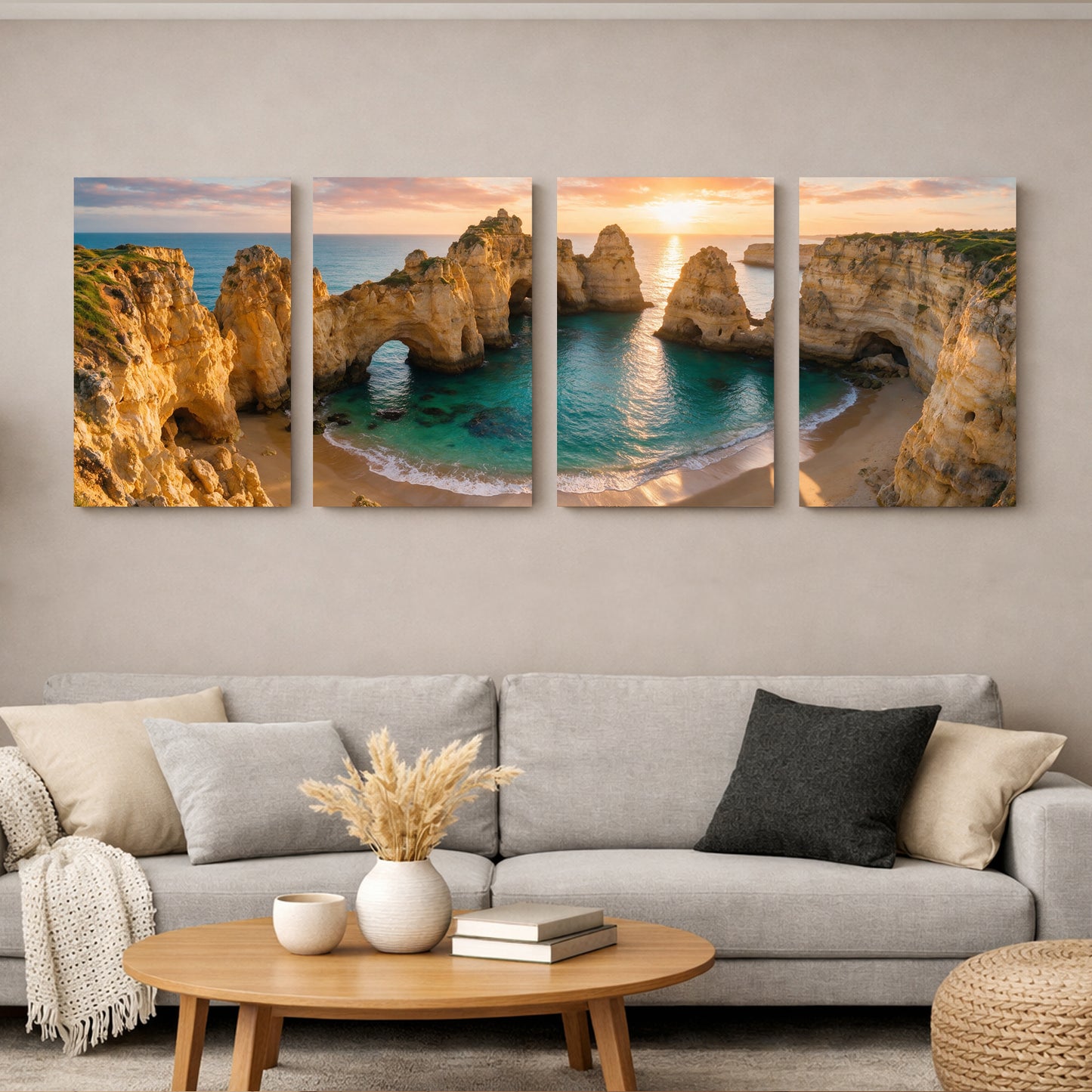 Ponta da Piedade Algarve sunset four panel canvas wall art featuring golden limestone arches and turquoise sea displayed above a grey sofa in a modern living room - Portugal Canvas Co