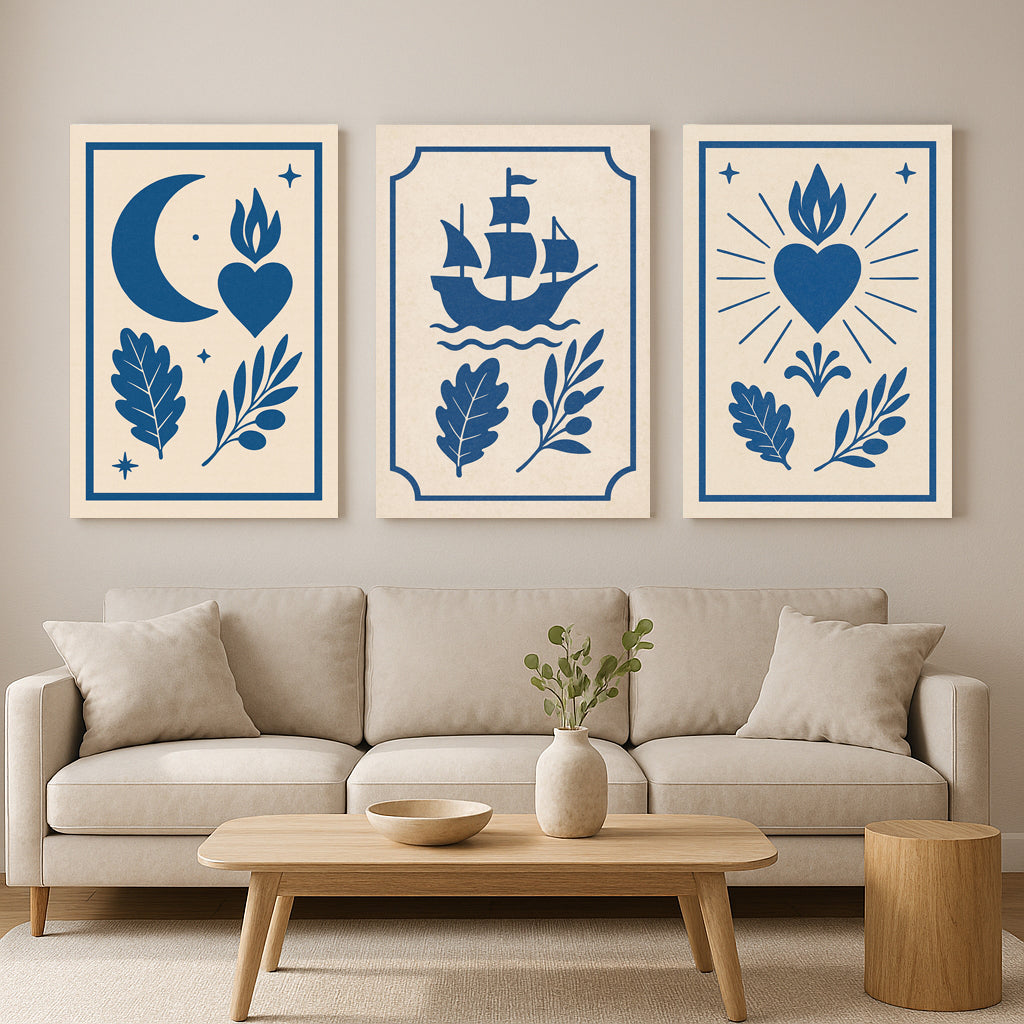 Nautical Folk Art Canvas Set – Moon, Ship & Heart Triptych