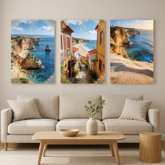 Portuguese Coastal Triptych Framed Wall Art – Algarve Cliffs & Coastal - Portugal Canvas Co
