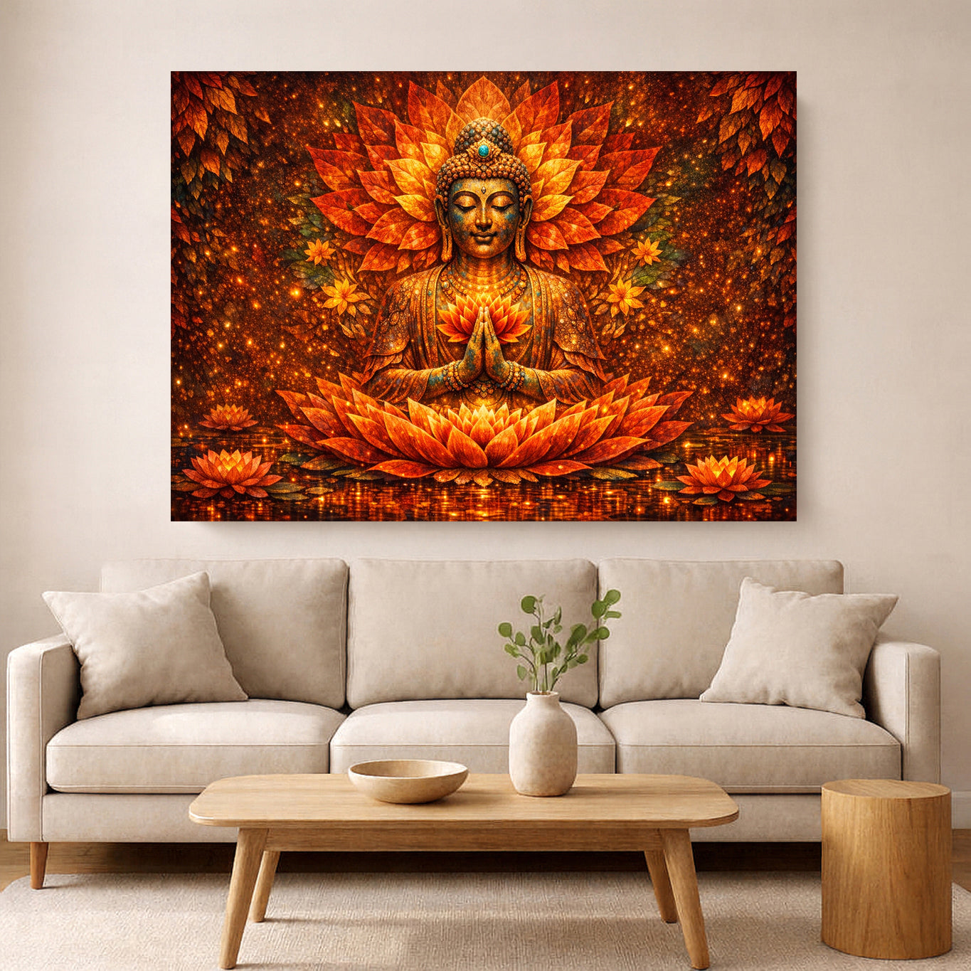 Vibrant golden Buddha meditation artwork with glowing lotus petals hanging above a beige sofa in a warm, modern living room.