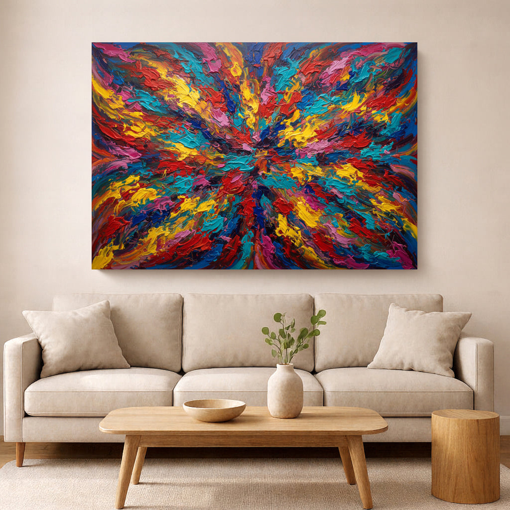 Arte mural abstracto con explosión de energía arcoíris