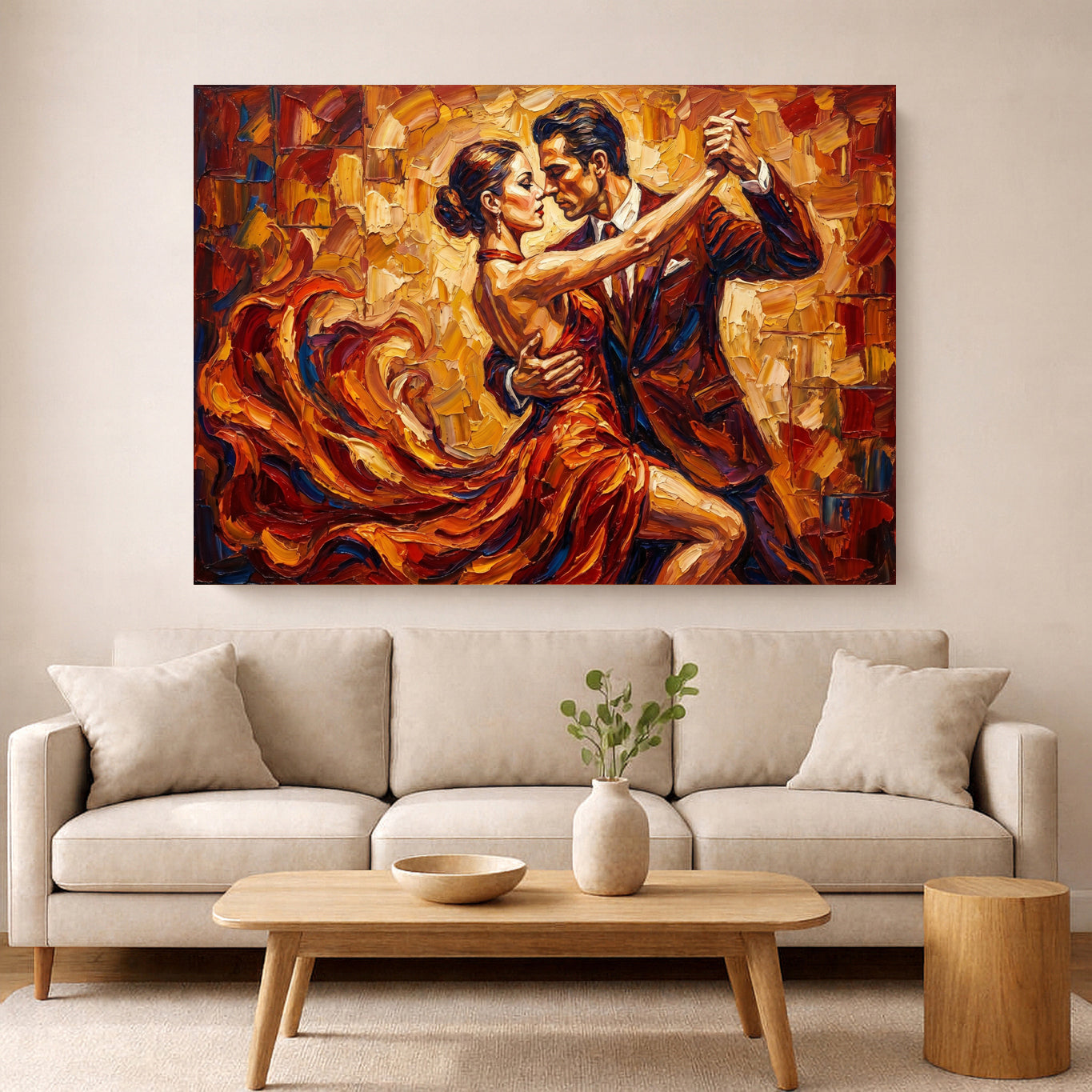 Red Dress Tango – Expressive Dance Wall Art | Warm Textured Movement Painting