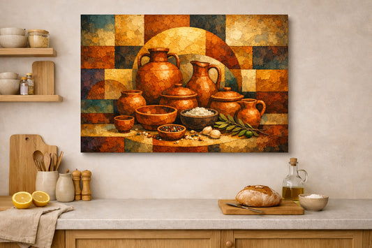 Terracotta Ceramic Still Life Canvas | Rustic Mediterranean Kitchen Wall Art Decor