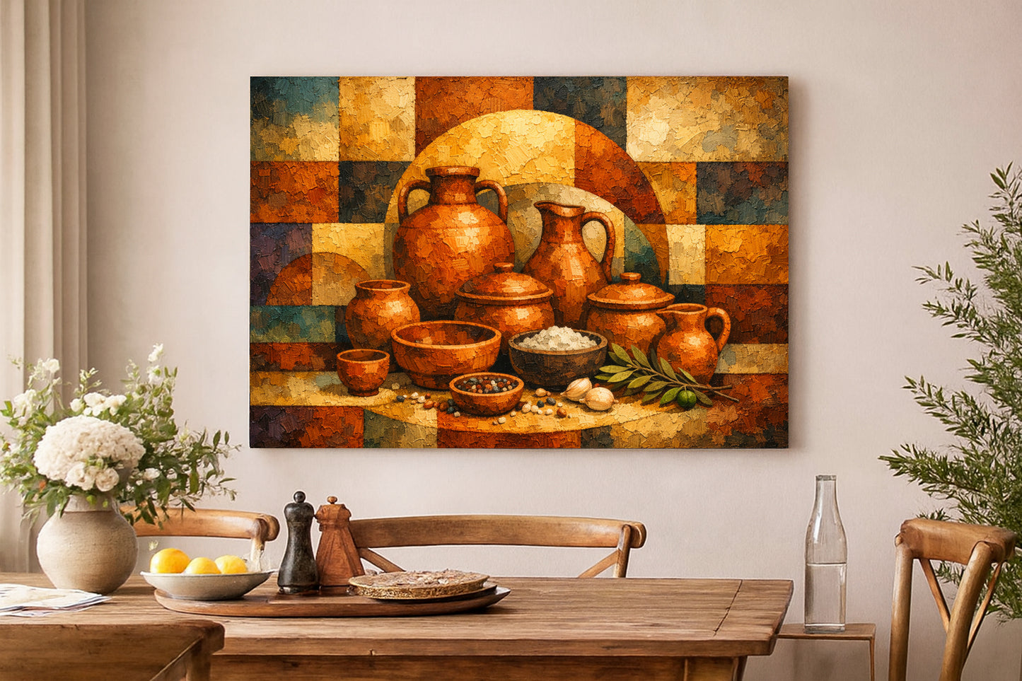 Terracotta Ceramic Still Life Canvas | Rustic Mediterranean Kitchen Wall Art Decor