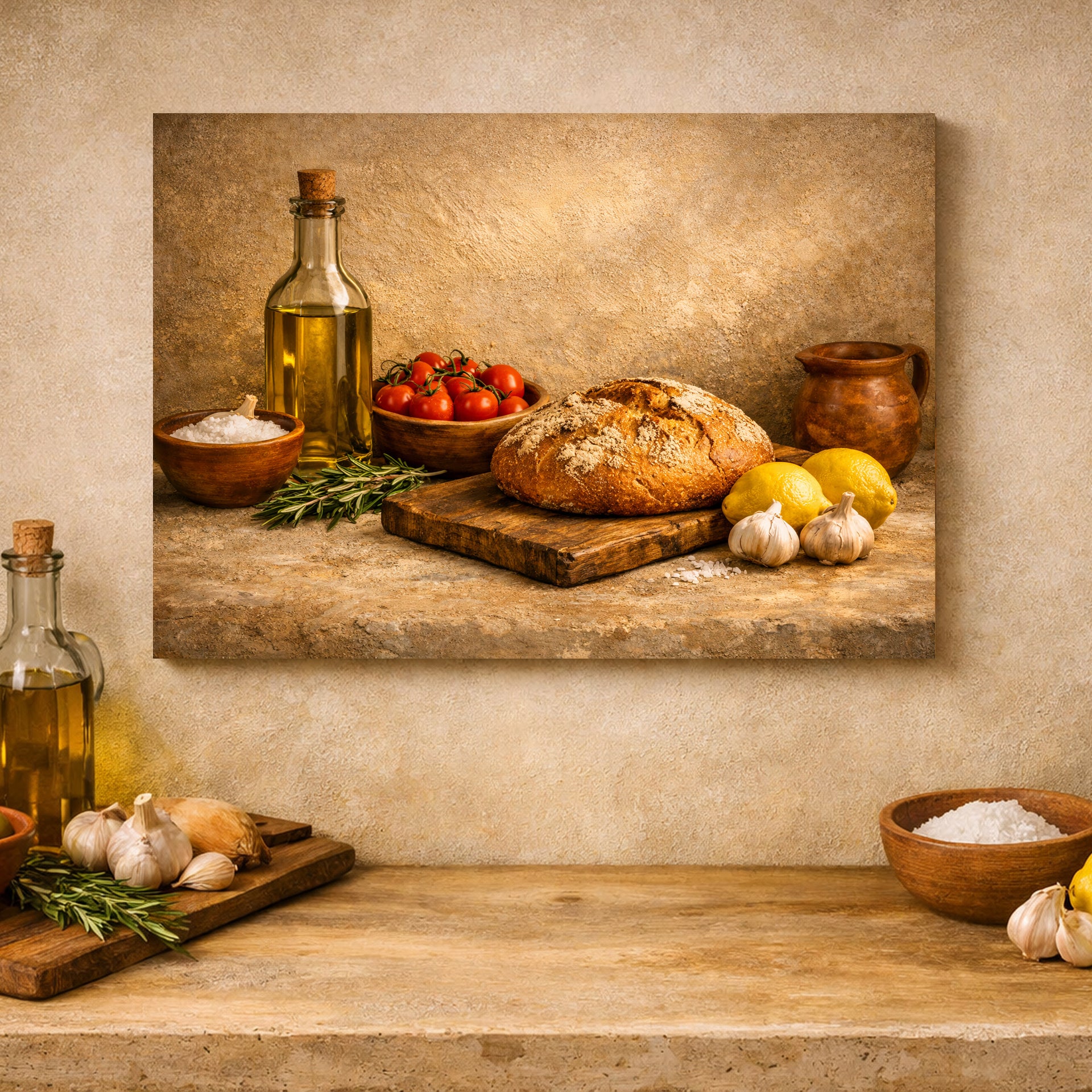 Rustic Mediterranean kitchen still life canvas print showing crusty bread on a wooden board, olive oil bottle, cherry tomatoes, lemons, garlic, rosemary and a terracotta jug, displayed on a warm stone wall