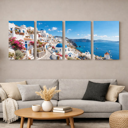 antorini Oia village in bloom four-panel canvas wall art with whitewashed buildings, pink bougainvillea and blue domed churches on plain background - Portugal Canvas Co