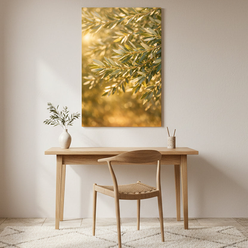 Golden olive branches canvas wall art displayed above a wooden desk in a warm minimalist home interior - Portugal Canvas Co
