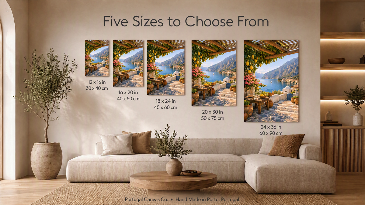 canvas shown in five sizes from 30x40cm to 60x90cm above a cream sofa in a sunlit living room - Portugal Canvas Co