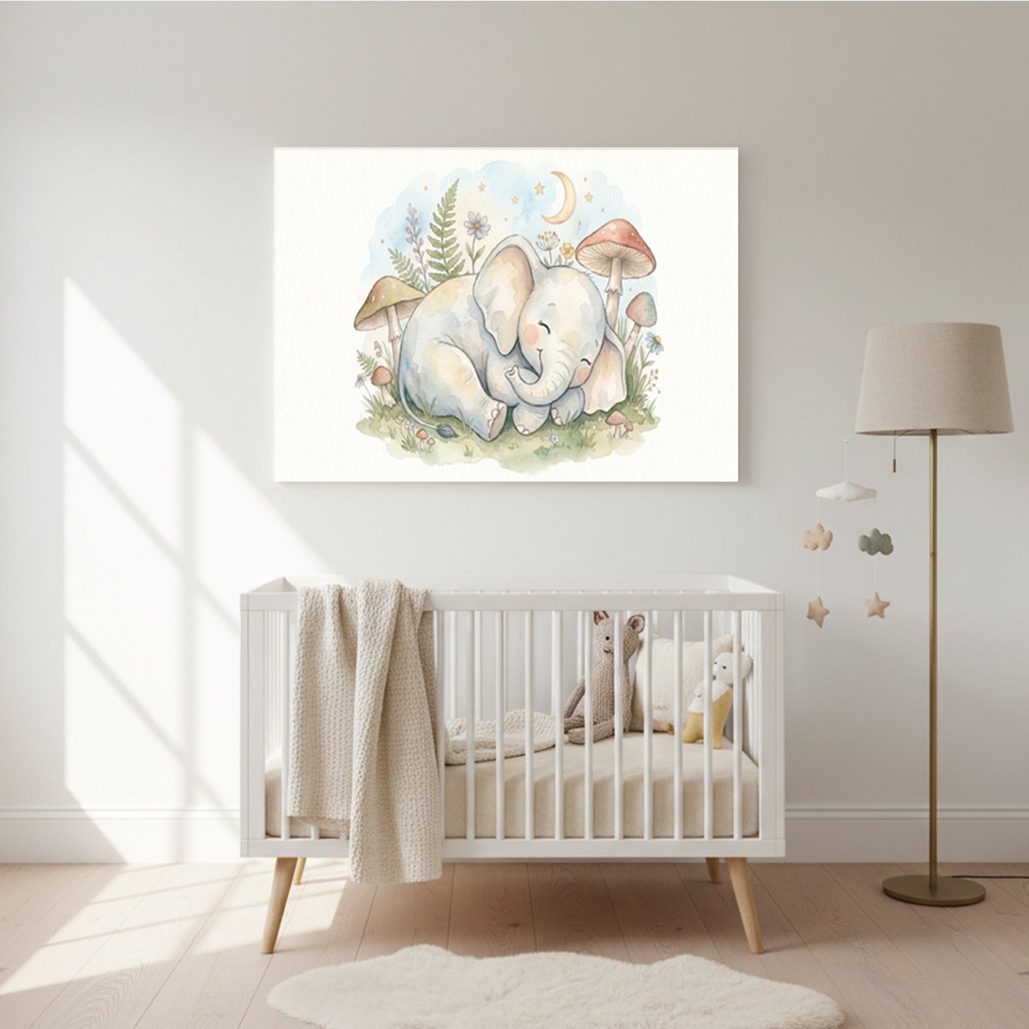 Sleeping Baby Elephant Nursery Wall Art | Watercolour Woodland Canvas ...