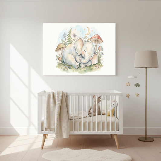 Watercolor nursery wall art of a sleeping baby elephant surrounded by mushrooms, ferns, flowers, and a crescent moon above a white crib in a softly lit baby room.
