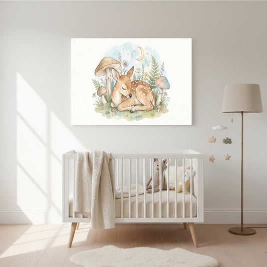 Watercolor nursery wall art of a sleeping baby fawn surrounded by mushrooms, ferns, grass, stars, and a crescent moon above a white crib in a softly lit nursery.