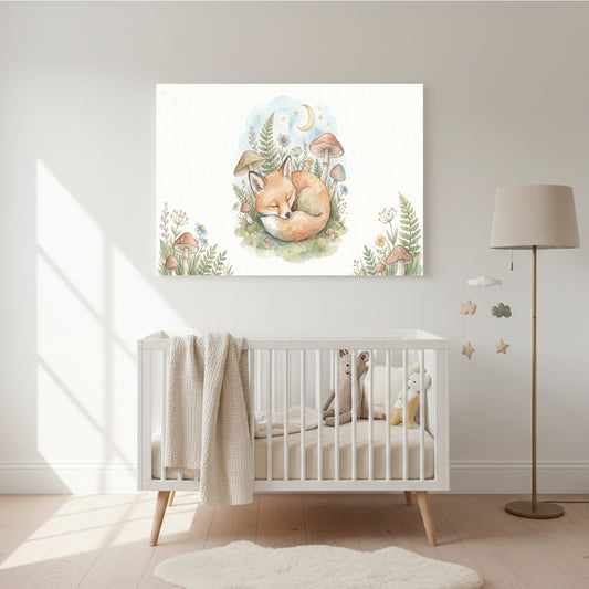 Watercolor nursery wall art of a sleeping baby fox curled among mushrooms, flowers, greenery, stars, and a crescent moon above a white crib in a softly lit nursery.