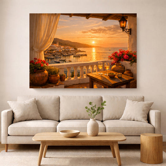 A large rectangular wall art print showing a warm sunset harbor scene with flowers, tables, and a balcony, displayed above a light beige sofa in a styled living room.