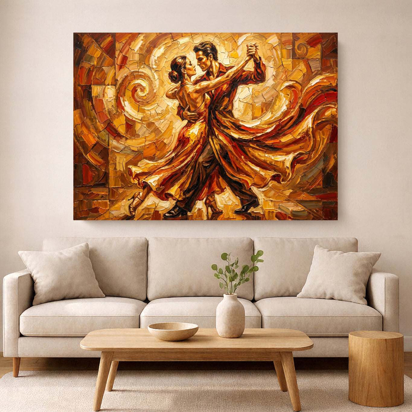 Tango dancers painting in warm red and orange tones hanging above a beige sofa in a modern living room.