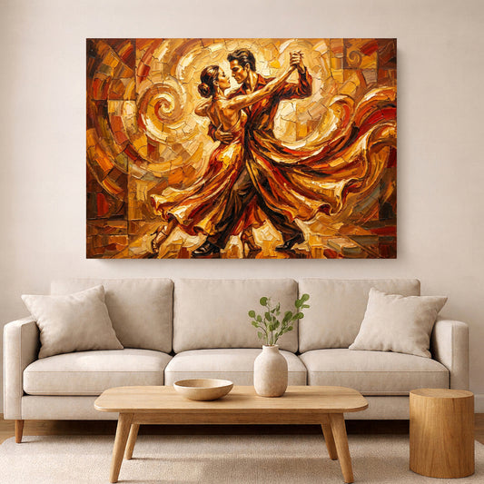 Tango dancers painting in warm red and orange tones hanging above a beige sofa in a modern living room.