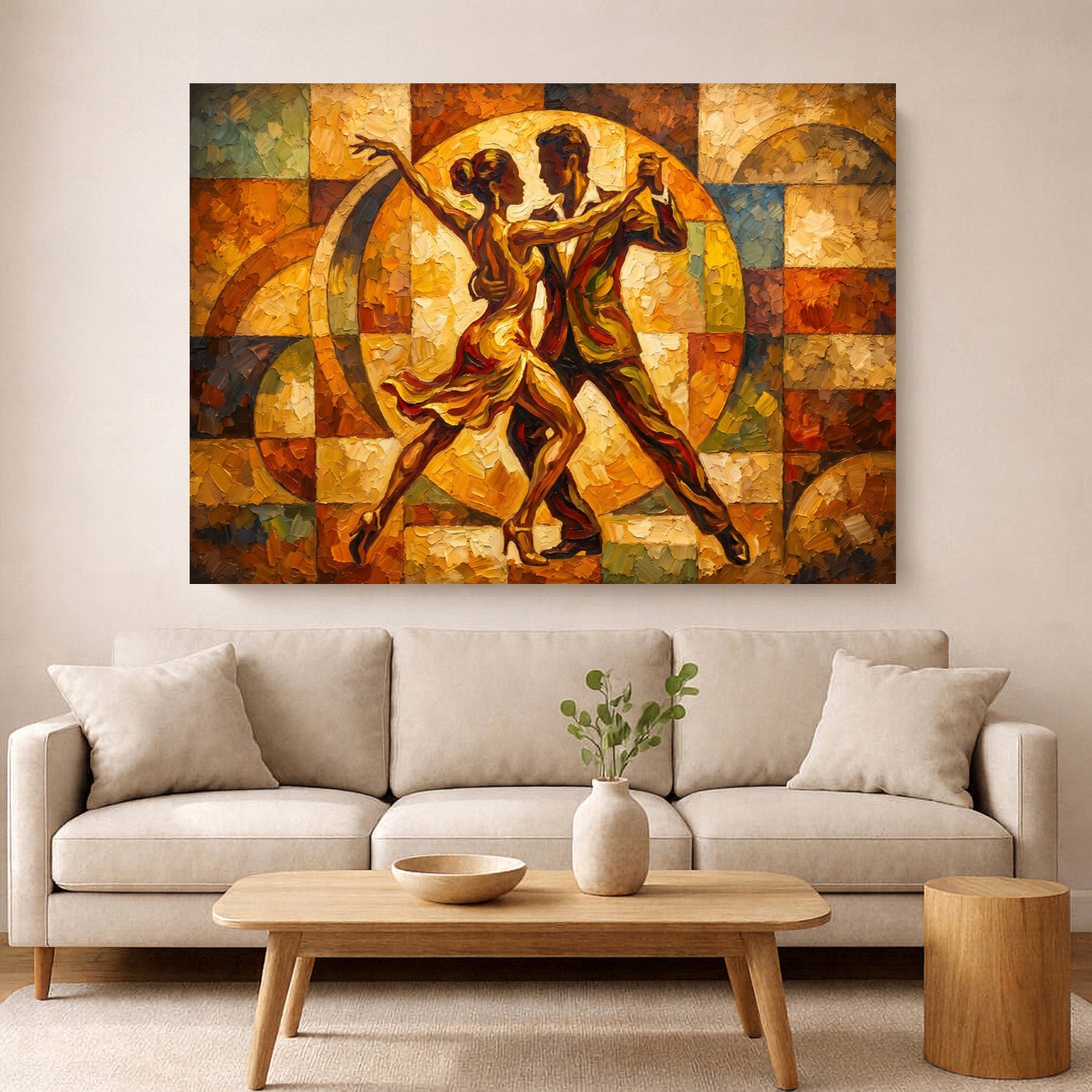 Mosaic‑style tango dancers painting in warm gold and orange tones hanging above a beige sofa in a modern living room.