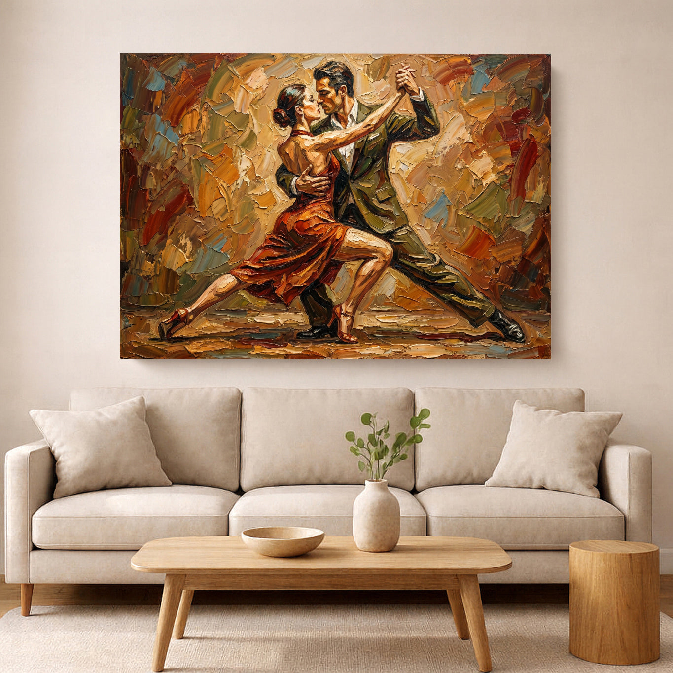 Warm, expressive tango painting with textured gold and red tones, capturing movement and passion for modern interiors.