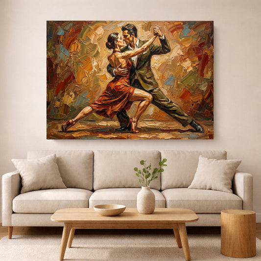 Warm, expressive tango painting with textured gold and red tones, capturing movement and passion for modern interiors.