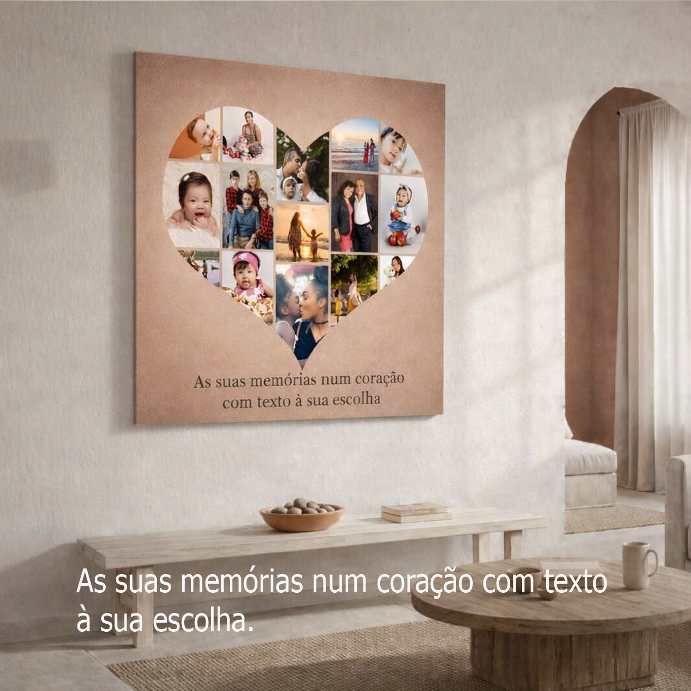 Heart-shaped collage of photos on a wall in a living room setting.