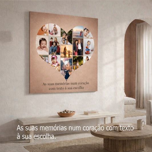 Heart-shaped collage of photos on a wall in a living room setting.