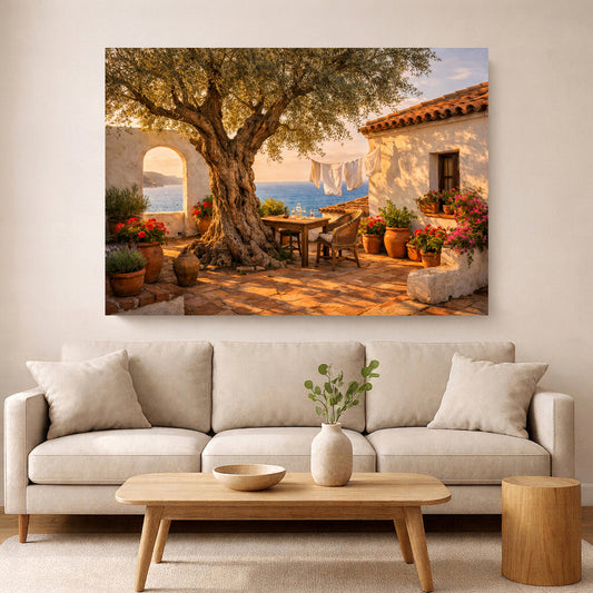 A large rectangular wall art print depicting a sunlit Mediterranean courtyard with a large tree, white buildings, potted flowers, and blue sea in the distance, displayed above a light beige sofa in a styled living room.
