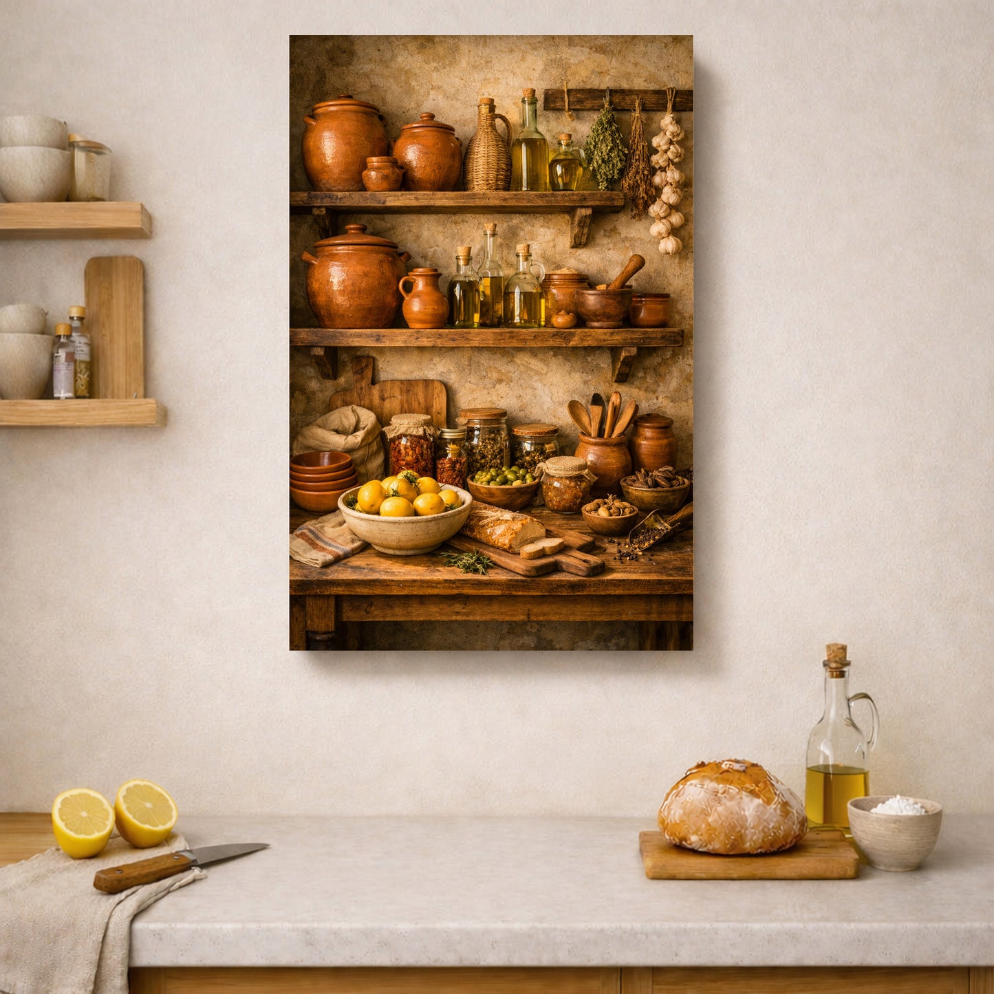 Mediterranean Kitchen Wall Art – Rustic Shelves with Lemons, Olive Oil & Herbs – Warm Farmhouse Food Decor Canvas