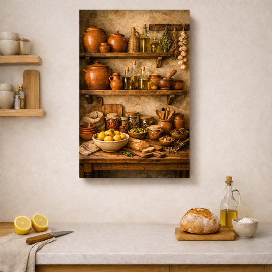 Mediterranean Kitchen Wall Art – Rustic Shelves with Lemons, Olive Oil & Herbs – Warm Farmhouse Food Decor Canvas