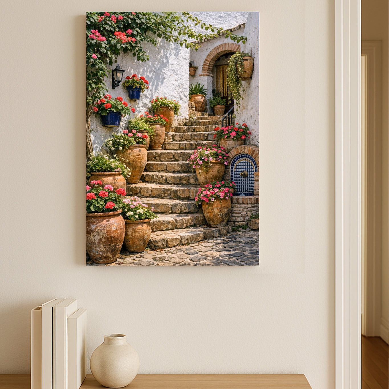 Decorative painting of a stone staircase with flowers and plants on a wall.