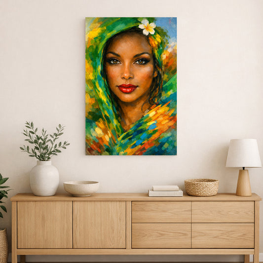 Colourful Afro‑portrait painting of a face wrapped in multicoloured fabric with a white flower, displayed above a wooden sideboard in a modern interior.