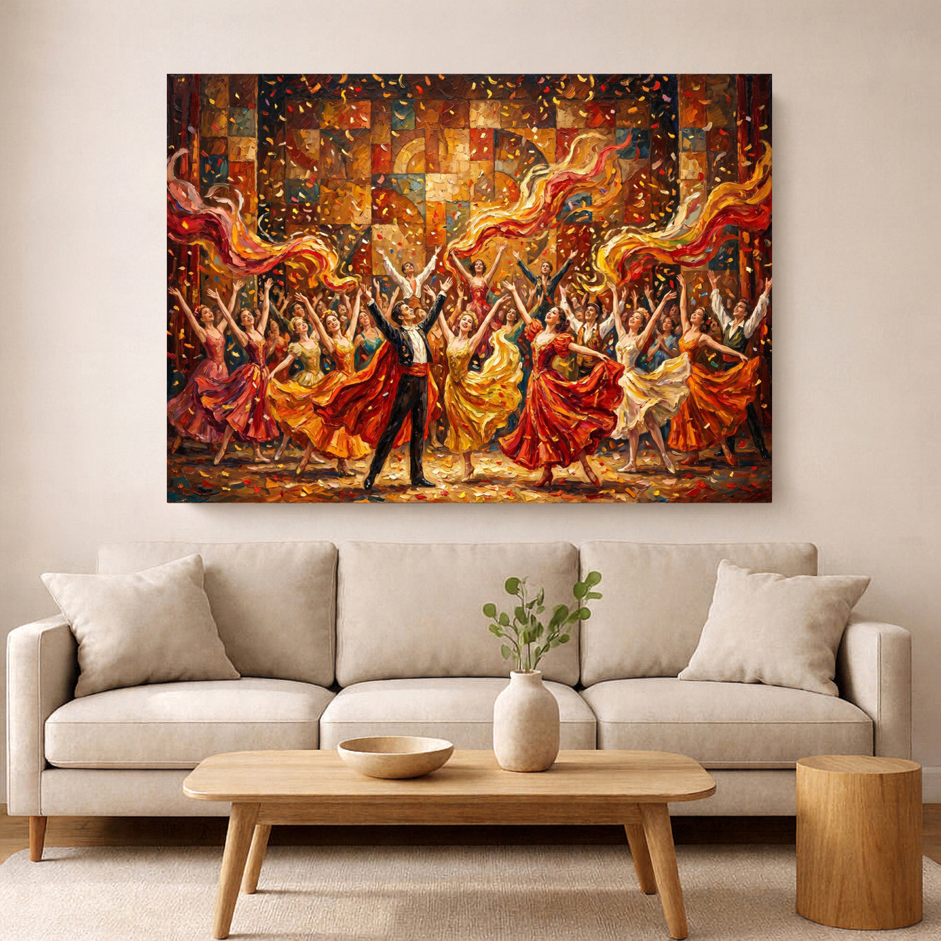 Expressive red and gold dance painting of two performers hanging above a beige sofa in a modern living room.