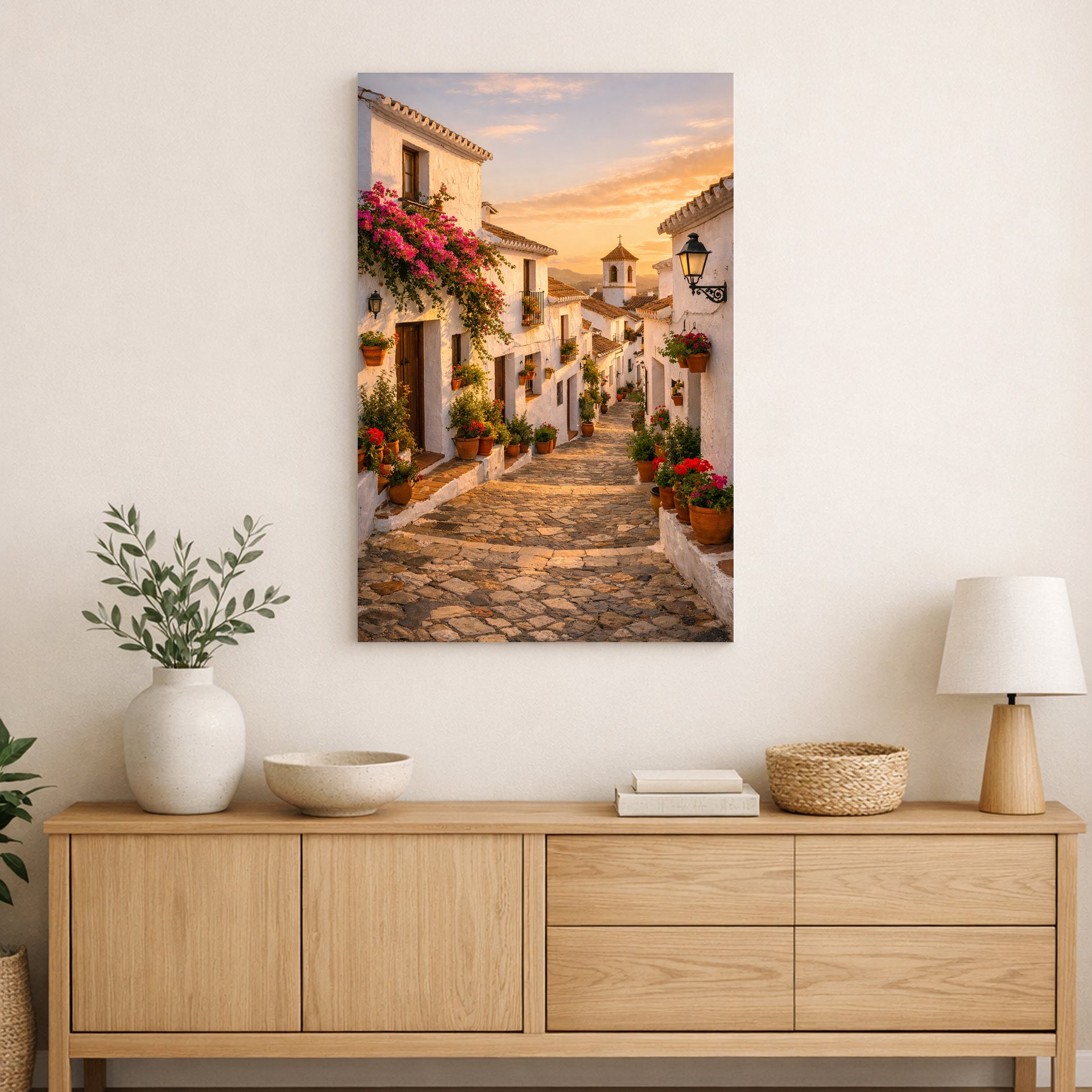 A vertical canvas print of a Mediterranean street scene with white buildings, stone paving, and pink flower boxes, displayed on a cream wall above a light wood console table with a vase, bowls, and a lamp.