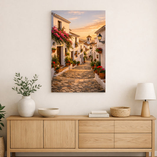 A vertical canvas print of a Mediterranean street scene with white buildings, stone paving, and pink flower boxes, displayed on a cream wall above a light wood console table with a vase, bowls, and a lamp.