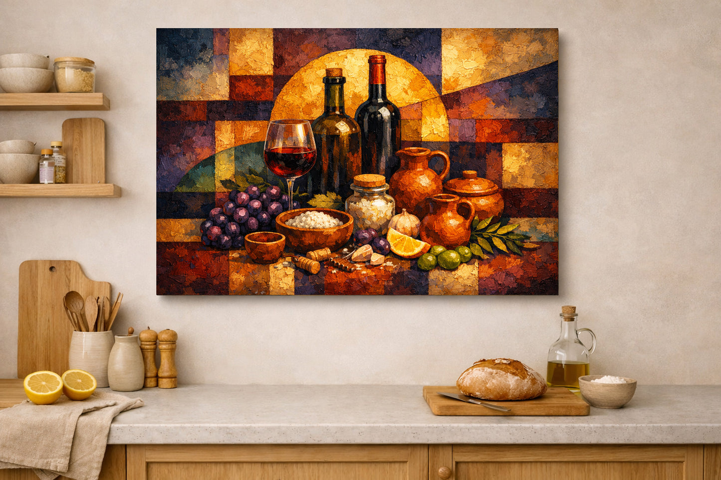 Wine Bottles & Grapes Still Life Canvas | Rustic Mediterranean Kitchen Wall Art.