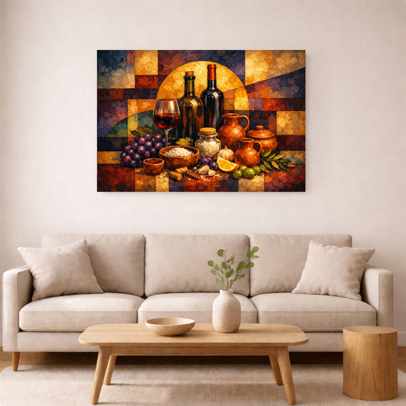 Wine Bottles & Grapes Still Life Canvas | Rustic Mediterranean Kitchen Wall Art.