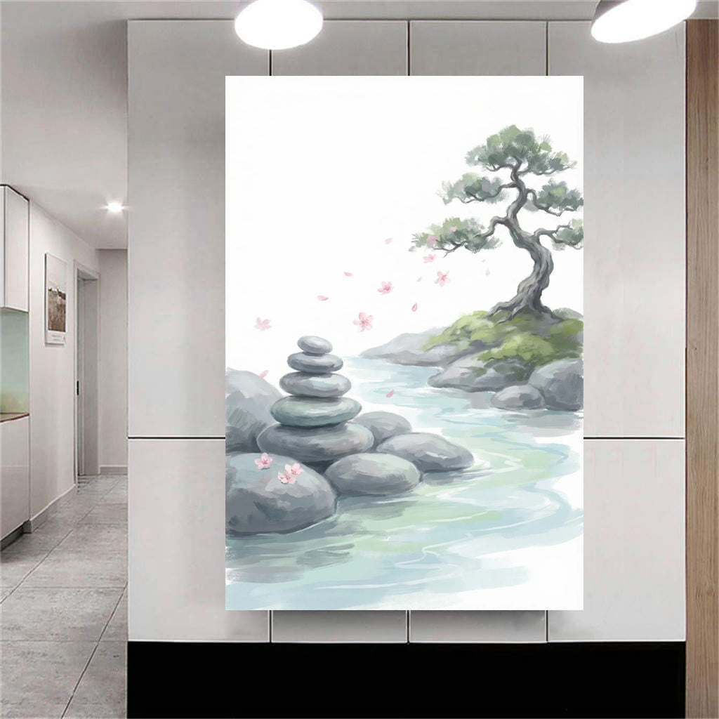 Zen nature wall art showing stacked stones beside a flowing stream with pink petals and a tree in a calm, modern interior.