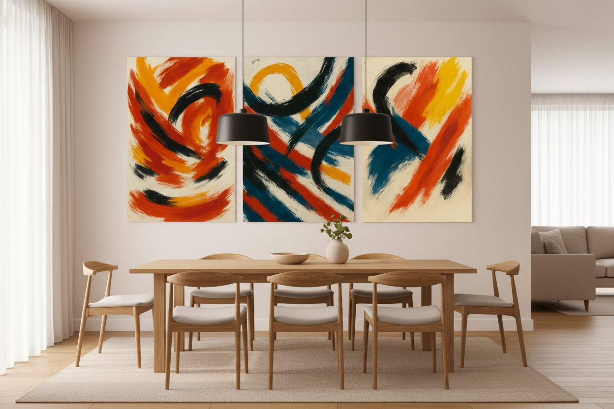 Modern abstract brushstroke triptych canvas wall art in red, orange, teal and black displayed above a dining table in a warm modern interior - Portugal Canvas Co

