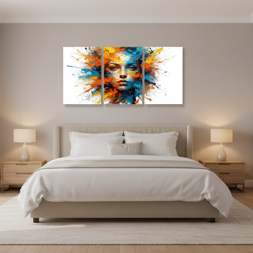 Abstract female portrait triptych canvas wall art with vibrant orange blue and yellow paint splashes displayed on the feature wall of a modern dining room with wooden table and pendant lighting - Portugal Canvas