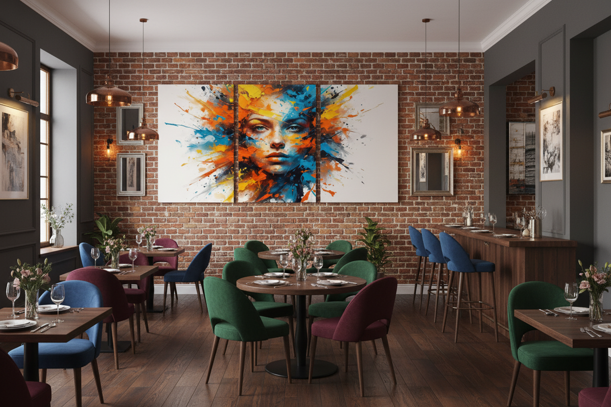  Abstract female portrait triptych canvas wall art with vibrant orange blue and yellow paint splashes displayed on the feature wall of an upscale restaurant with dark wood tables, velvet chairs and exposed brick - Portugal Canvas Co