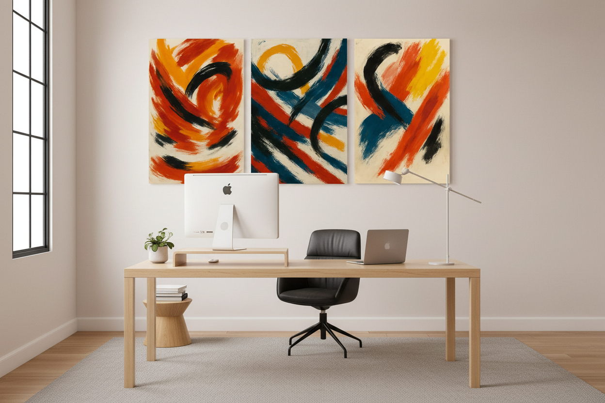 Modern abstract brushstroke triptych canvas wall art in red, orange, teal and black displayed above a desk in a bright Scandinavian home office - Portugal Canvas Co