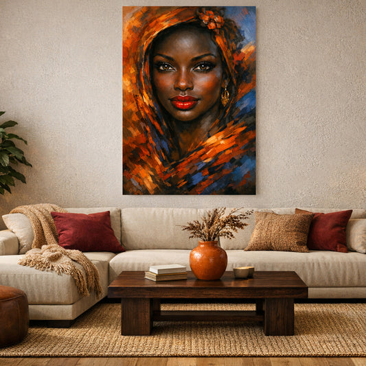 Colourful Afro‑portrait artwork hanging above a beige sectional sofa in a warm, modern living room with earthy décor.